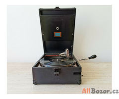 Starožitné gramofony na kličku, šelakové gramodesky, náhradní ocelové jehly